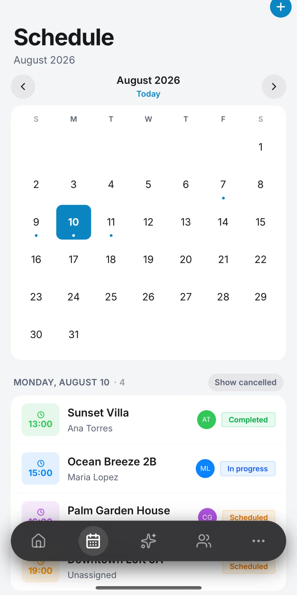 The Vivaclean app showing the month's schedule with every cleaning assigned to a cleaner