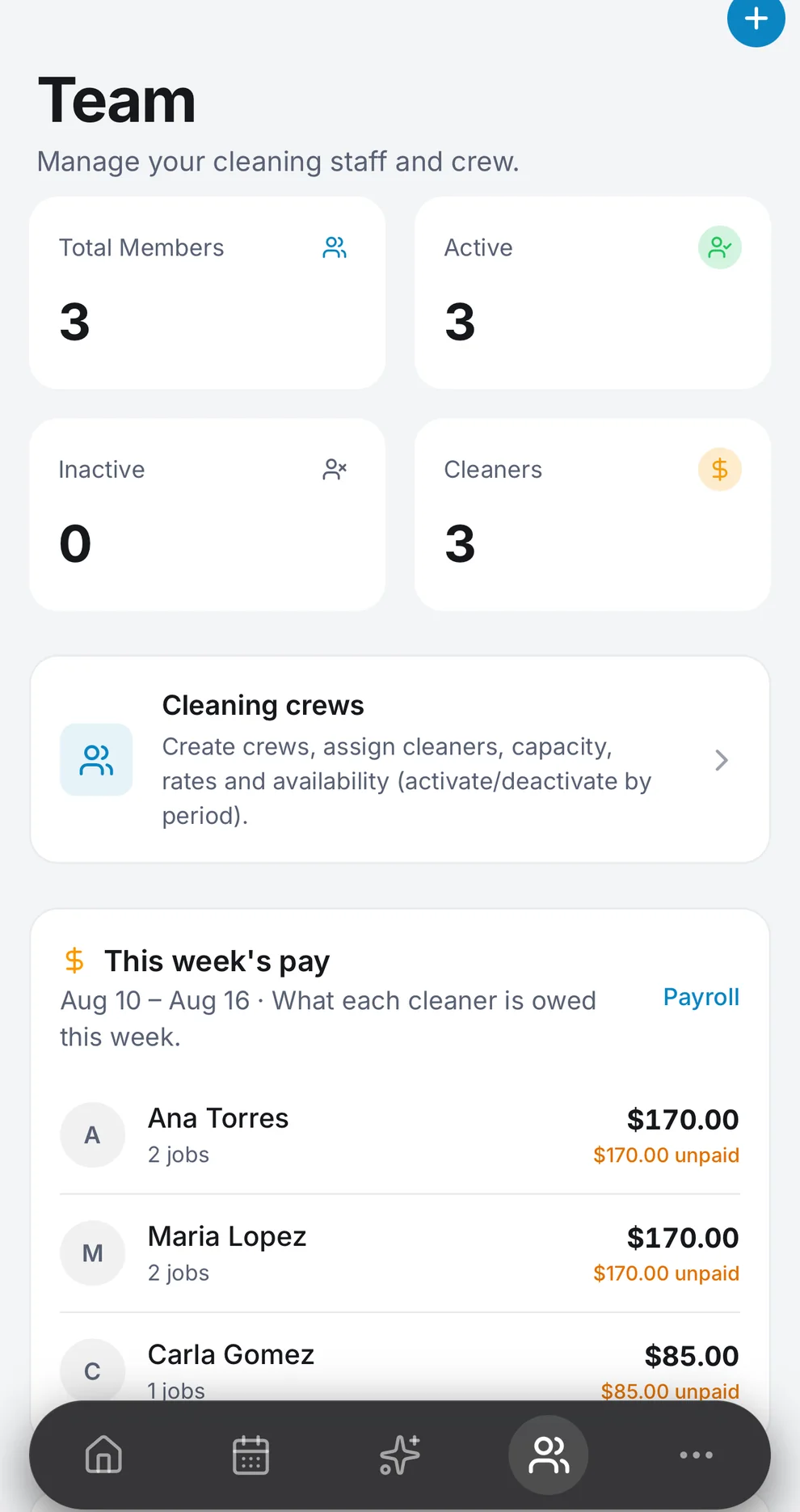 The Vivaclean app showing the team and what each cleaner is owed this week
