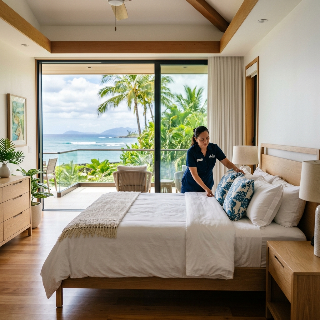 Professional vacation rental cleaning and bed setup in a Hawaii property