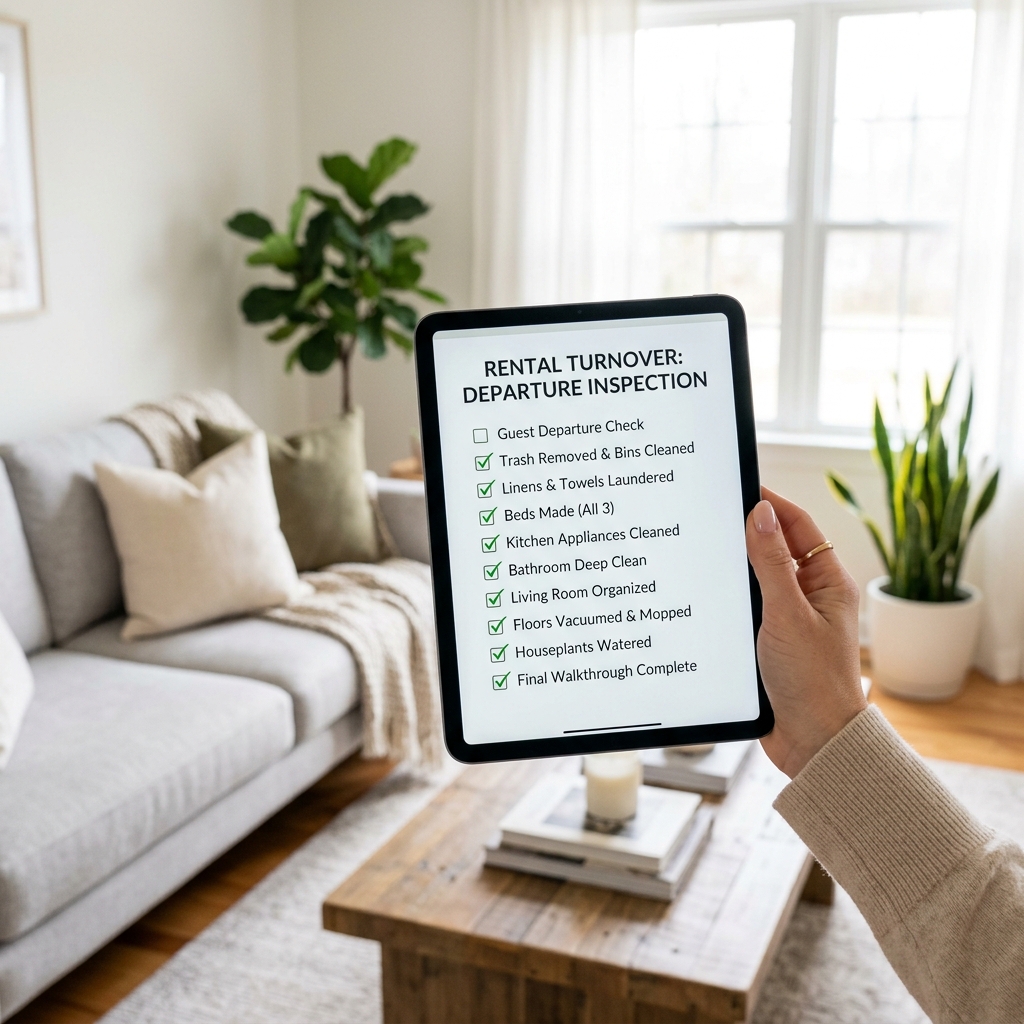 Housekeeper using digital cleaning checklist on tablet
